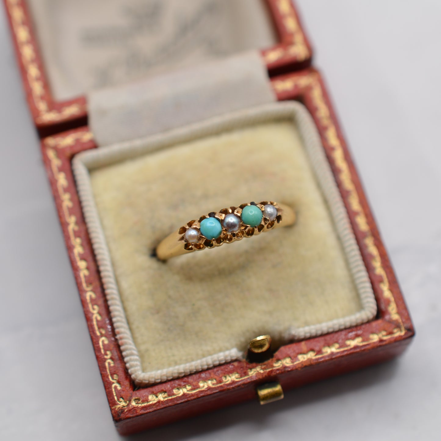 1897 Antique 18ct Gold Victorian Turquoise & Pearl Five-Stone Ring
