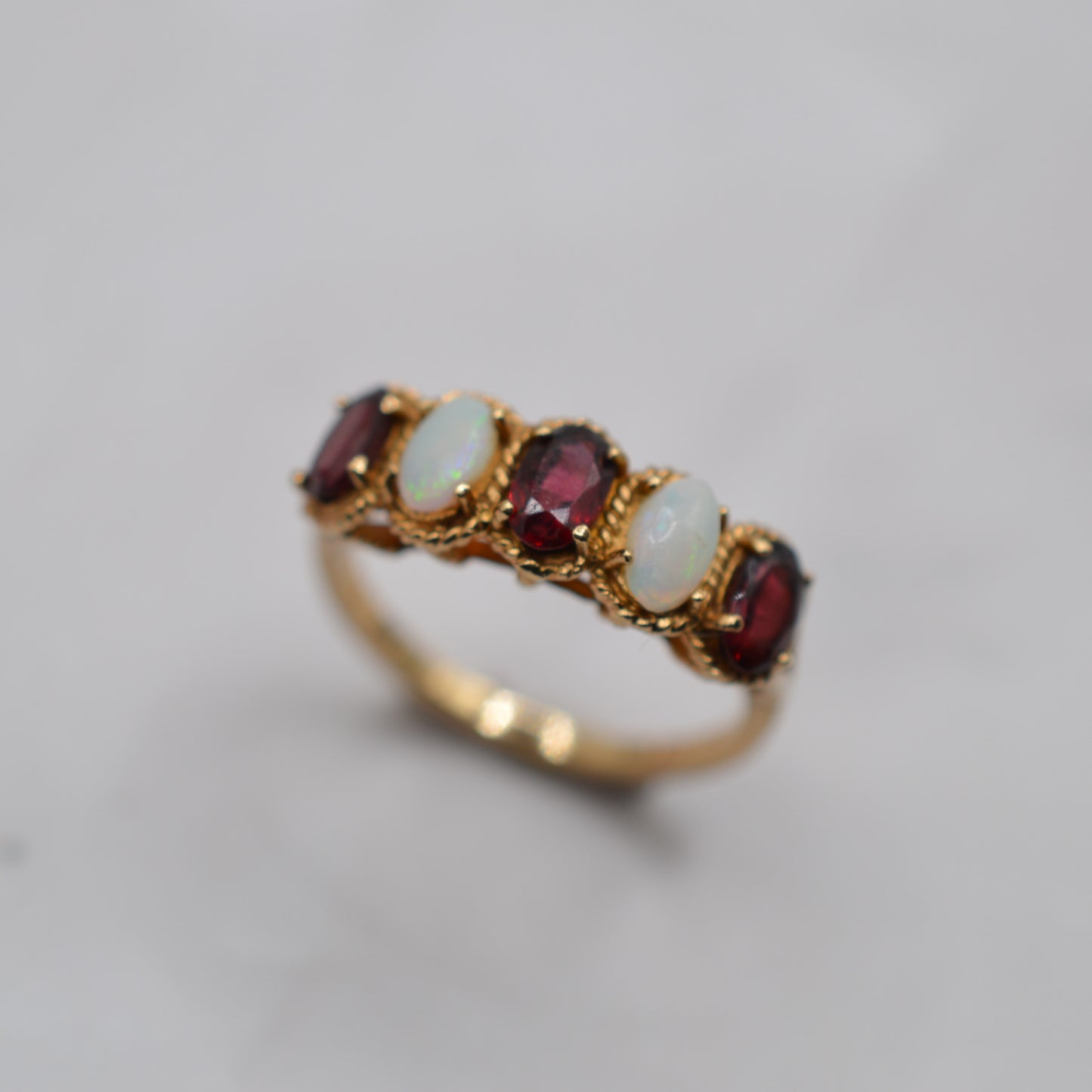 1970s Vintage 9ct Gold Opal & Garnet Five-Stone Ring