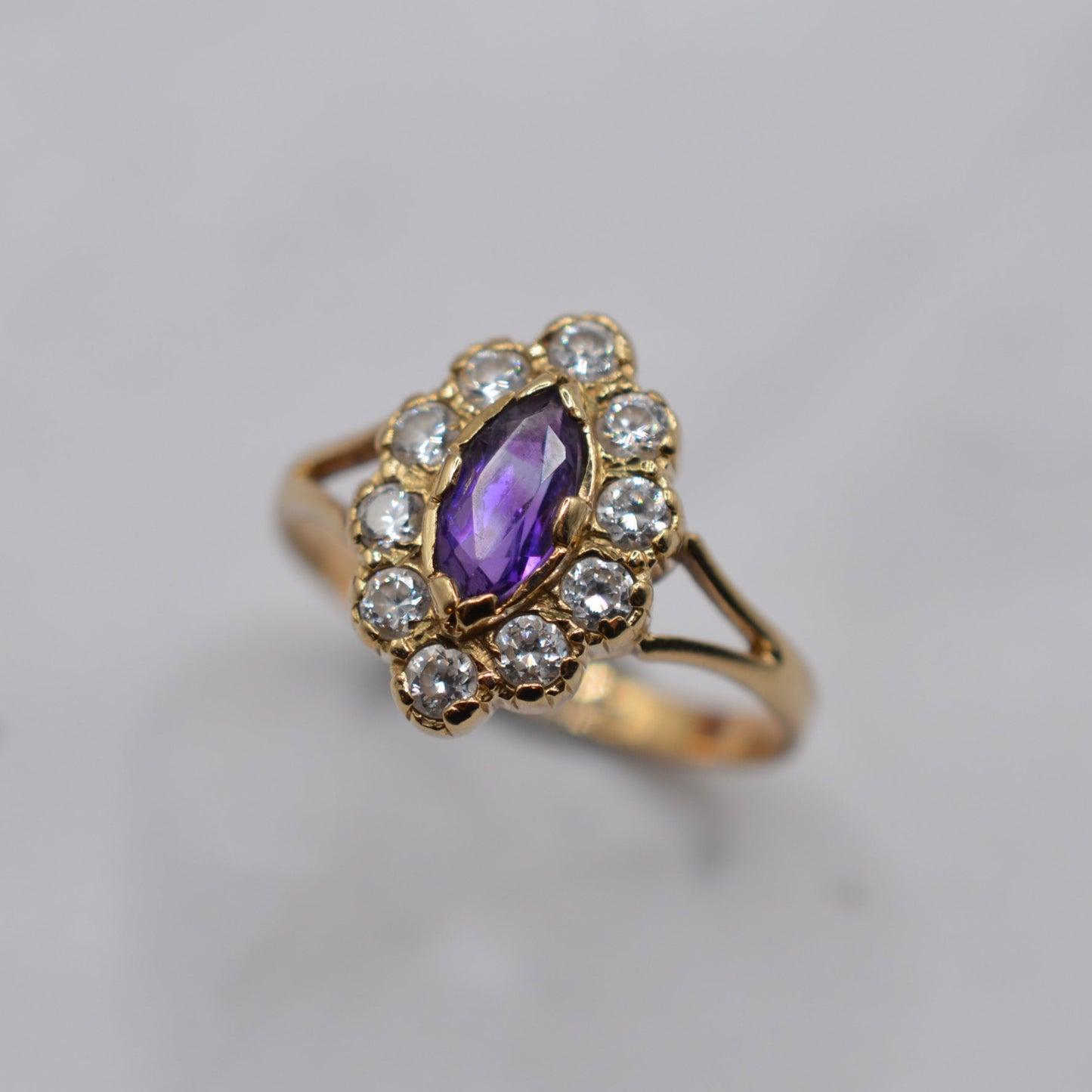 1990s Vintage 9ct Gold Amethyst & CZ Cluster Cocktail Ring