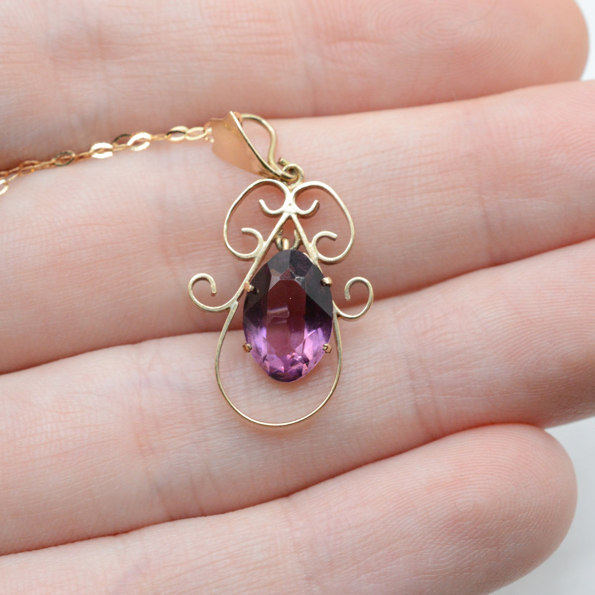 Antique Edwardian 9ct Gold Purple Paste Pendant Necklace (16”)