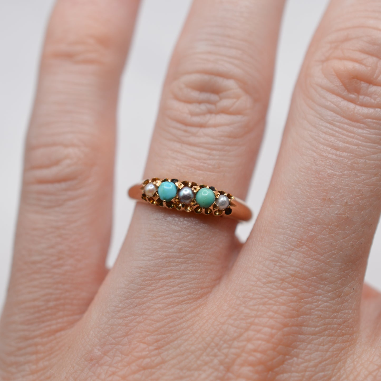 1897 Antique 18ct Gold Victorian Turquoise & Pearl Five-Stone Ring