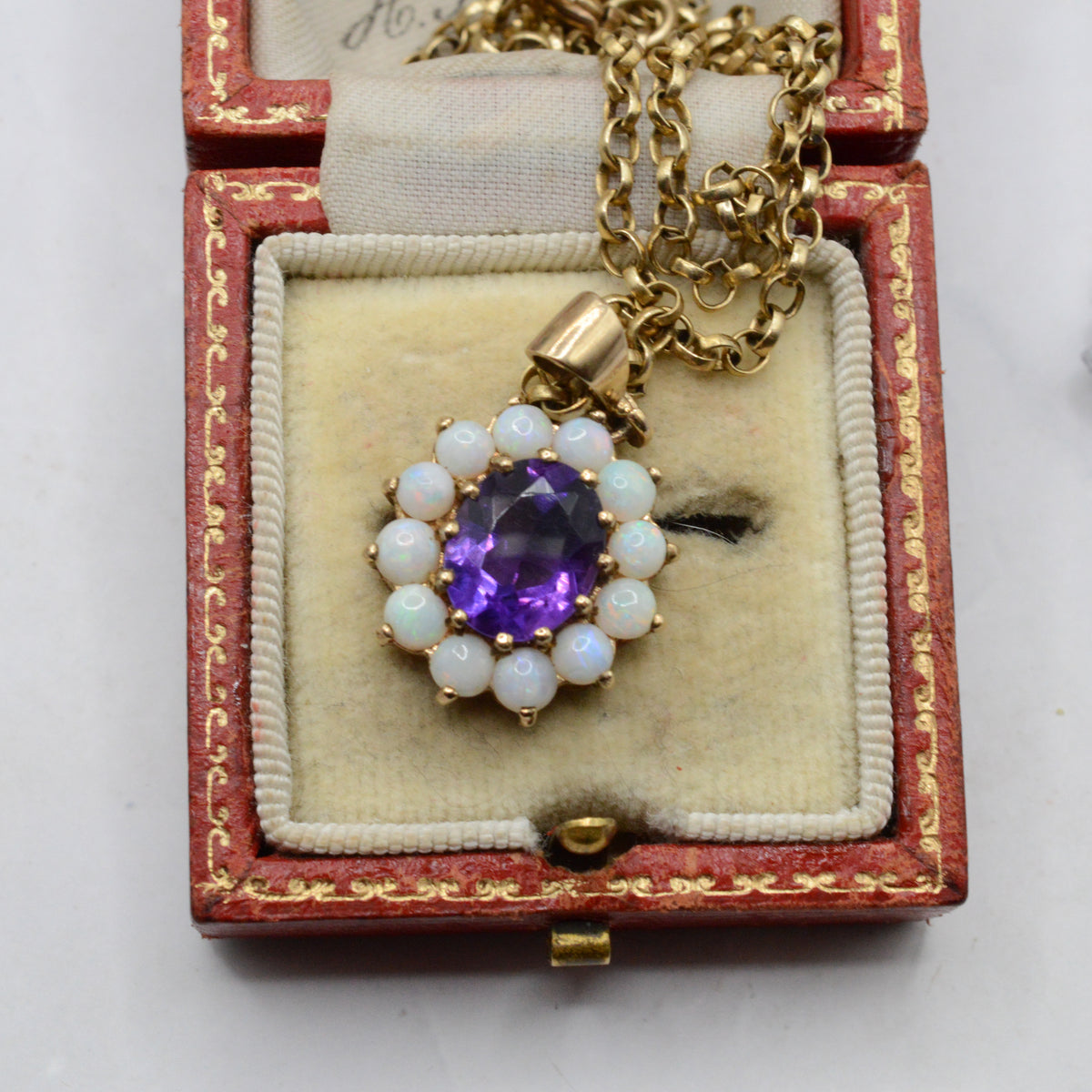 Chunky 1970s Vintage 9ct Gold Opal & Amethyst Cluster Pendant Necklace (17”)