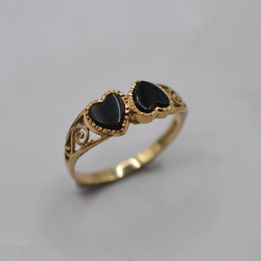 1990s 9ct Gold Double Heart Onyx Ring