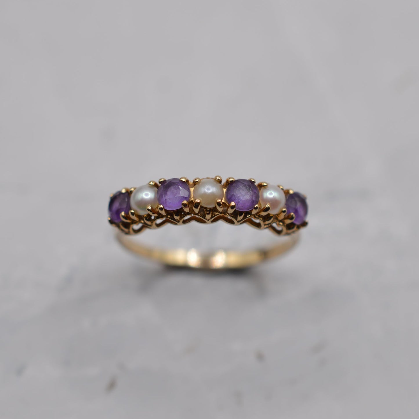 1990s 9ct Gold Amethyst & Pearl Half-Eternity Ring
