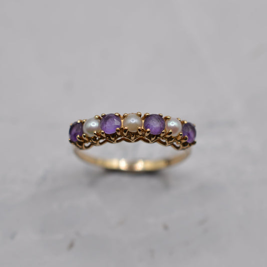 1990s 9ct Gold Amethyst & Pearl Half-Eternity Ring