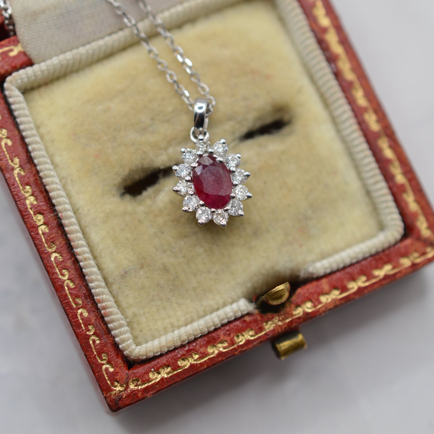 18ct White Gold Ruby & Diamond Cluster Pendant Necklace (16”)
