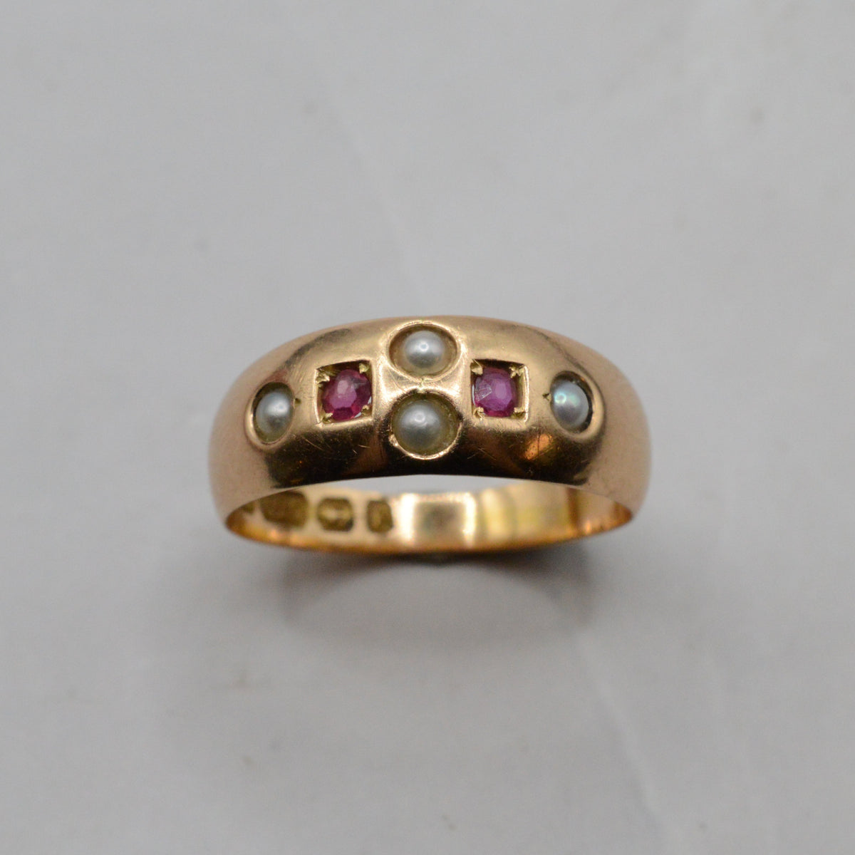 Antique Victorian 1889 15ct Gold Ruby & Pearl Ring