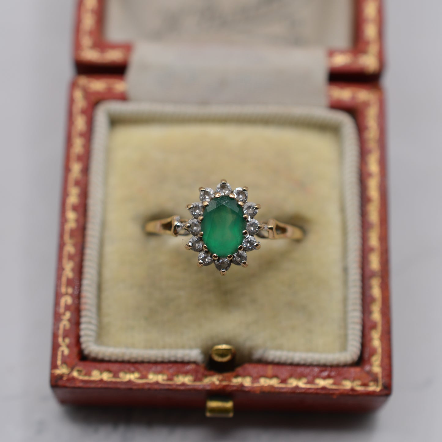 1980s 9ct Gold Emerald & CZ Cluster Ring