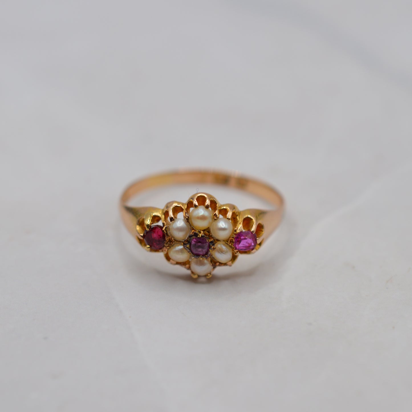 Antique Victorian 1870s 18ct Gold Ruby & Pearl Floral Cluster Ring