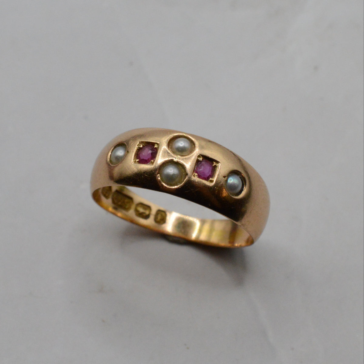 Antique Victorian 1889 15ct Gold Ruby & Pearl Ring