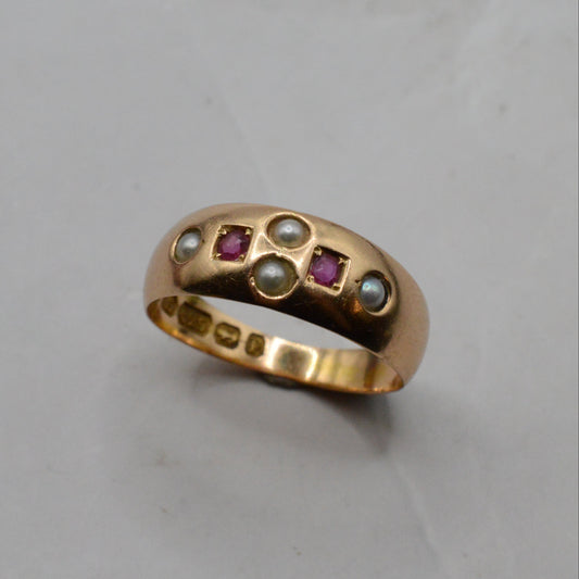 Antique Victorian 1889 15ct Gold Ruby & Pearl Ring