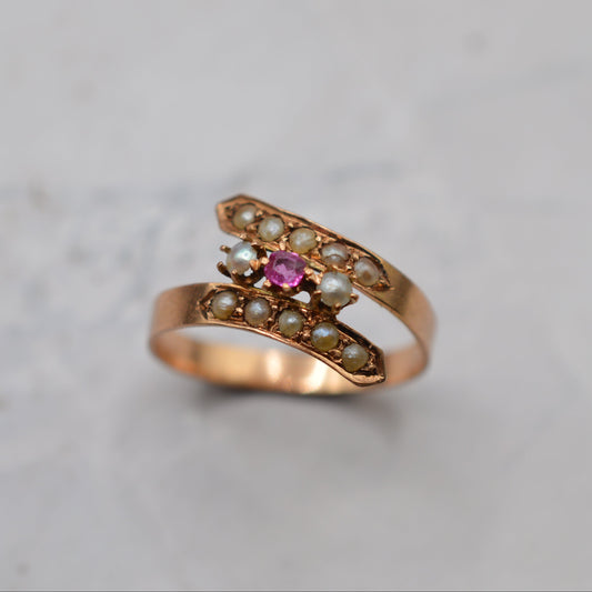 Antique Victorian 15ct Gold Ruby & Pearl Crossover Ring