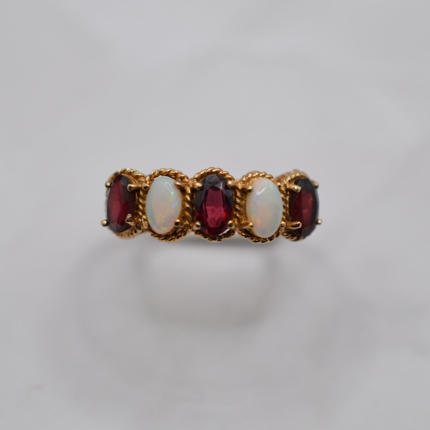 1970s Vintage 9ct Gold Opal & Garnet Five-Stone Ring