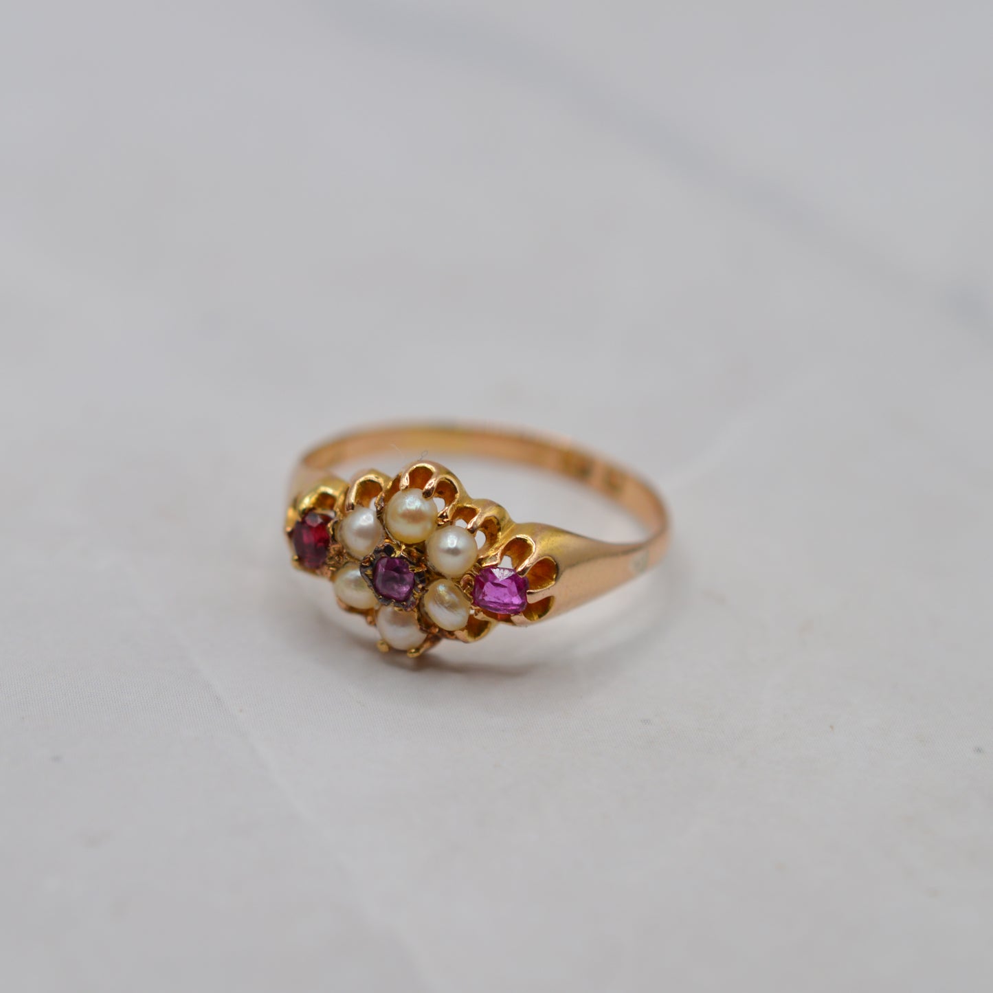 Antique Victorian 1870s 18ct Gold Ruby & Pearl Floral Cluster Ring