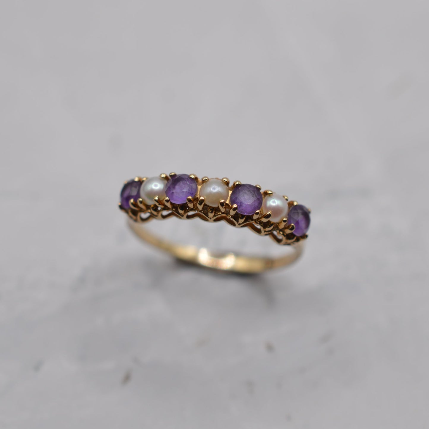 1990s 9ct Gold Amethyst & Pearl Half-Eternity Ring