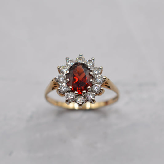 1980s 9ct Gold Garnet & Cubic Zirconia Cluster Ring