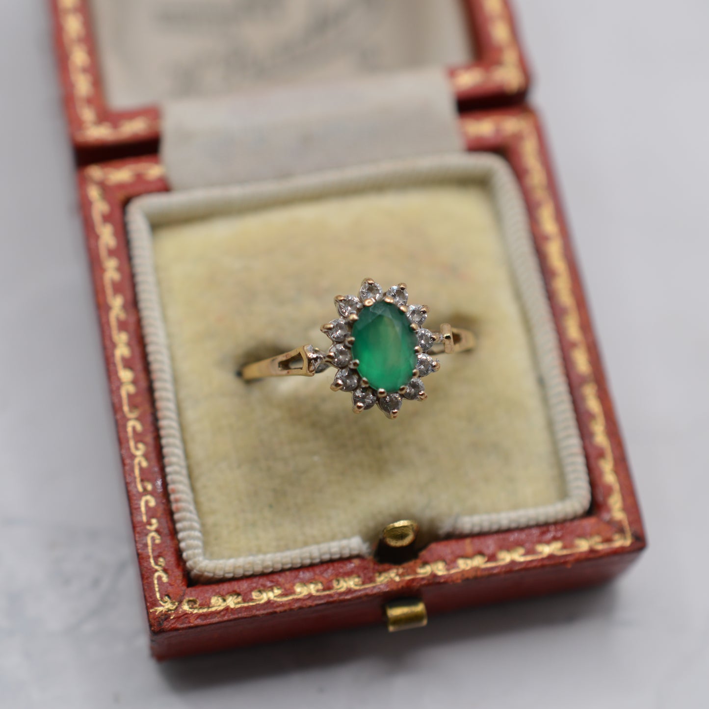 1980s 9ct Gold Emerald & CZ Cluster Ring