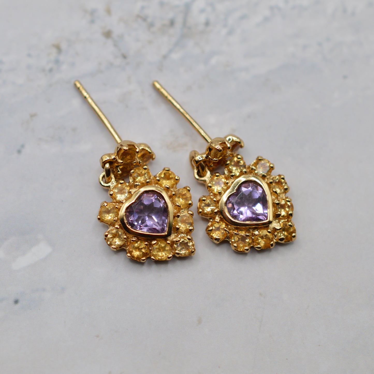 Y2K 9ct Gold Citrine & Amethyst Heart Cluster Drop Earrings