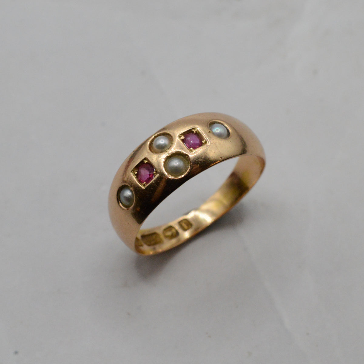 Antique Victorian 1889 15ct Gold Ruby & Pearl Ring