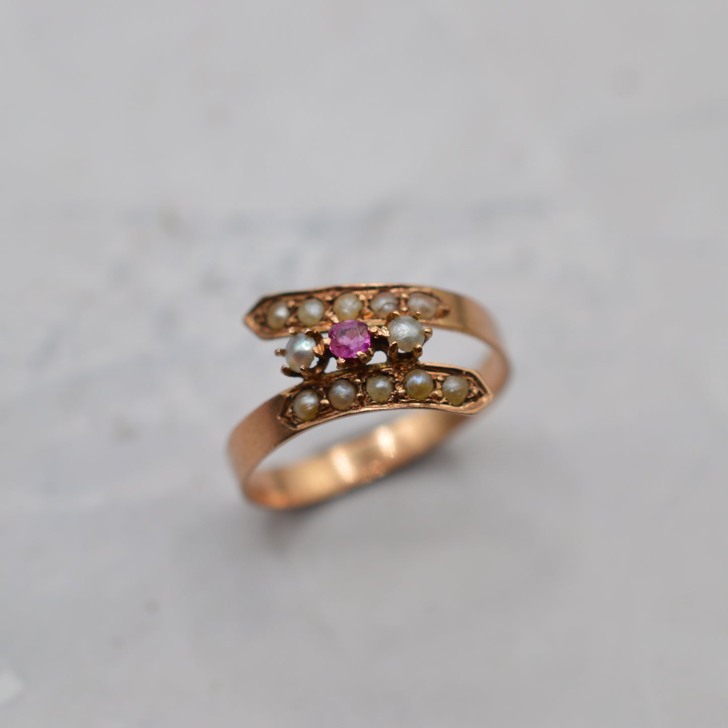 Antique Victorian 15ct Gold Ruby & Pearl Crossover Ring