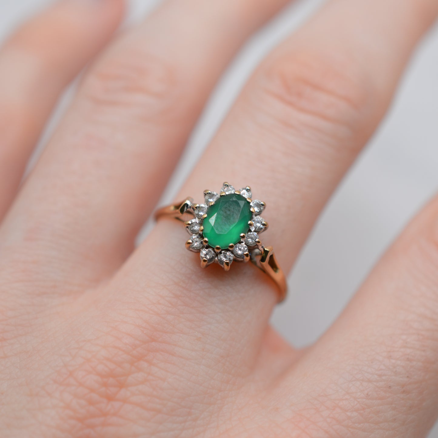 1980s 9ct Gold Emerald & CZ Cluster Ring