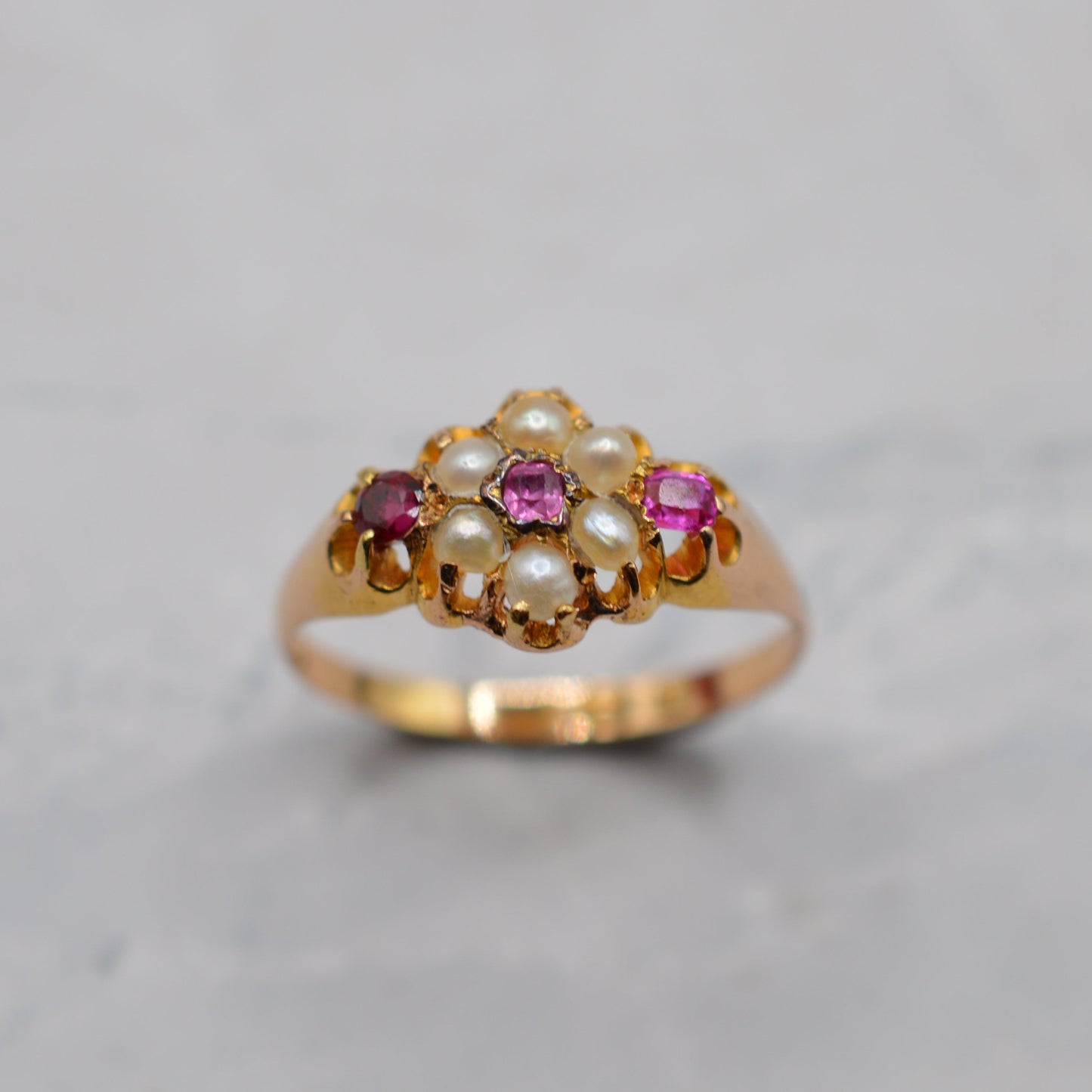 Antique Victorian 1870s 18ct Gold Ruby & Pearl Floral Cluster Ring