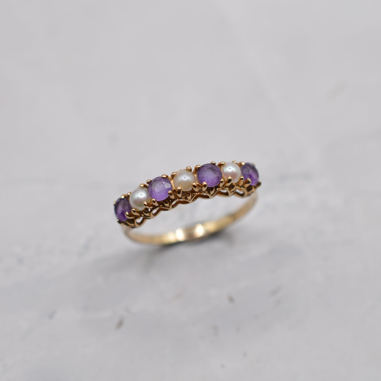 1990s 9ct Gold Amethyst & Pearl Half-Eternity Ring