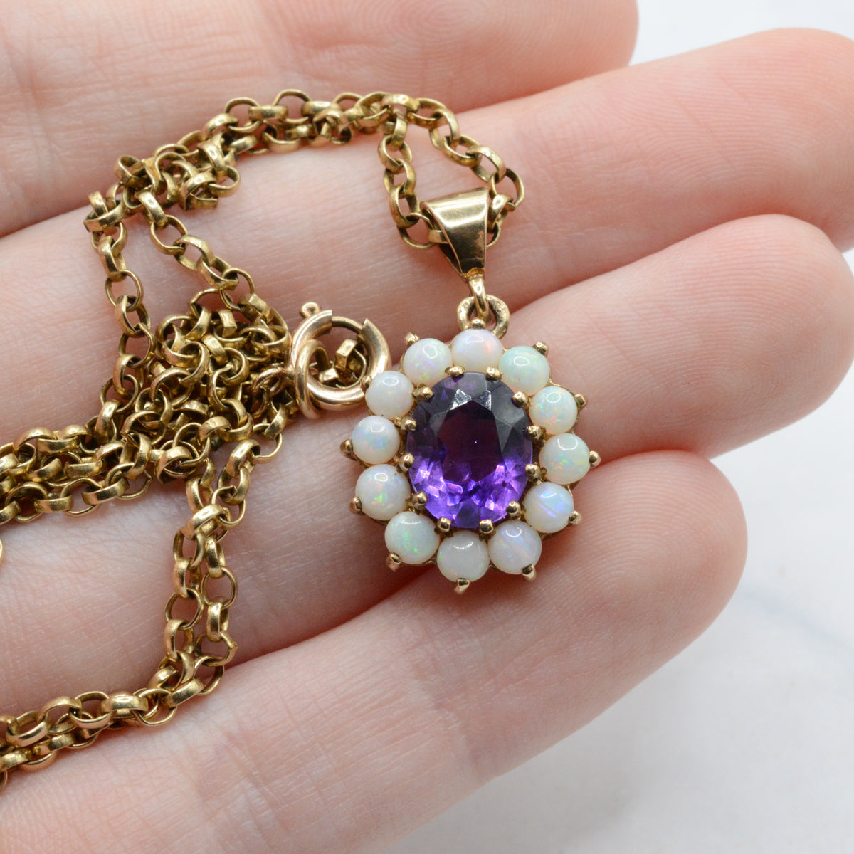 Chunky 1970s Vintage 9ct Gold Opal & Amethyst Cluster Pendant Necklace (17”)