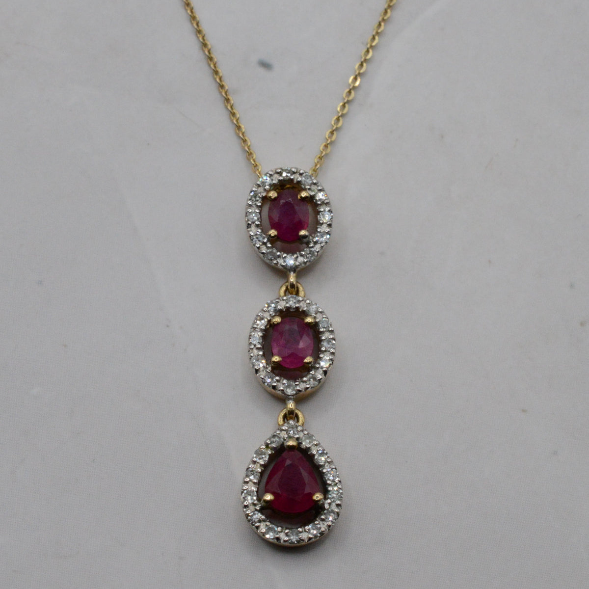 9ct Gold Ruby & Diamond Triple Cluster Pendant Necklace (16”-18”)