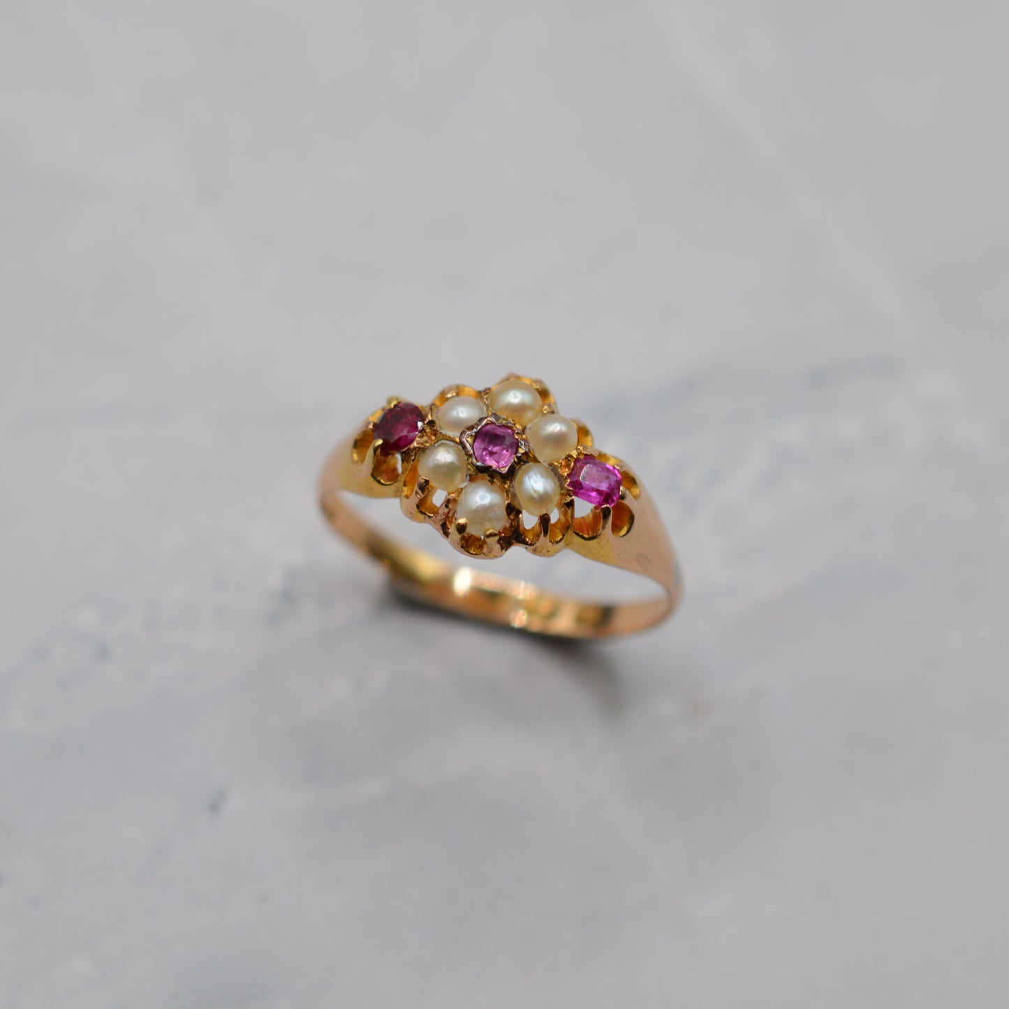 Antique Victorian 1870s 18ct Gold Ruby & Pearl Floral Cluster Ring