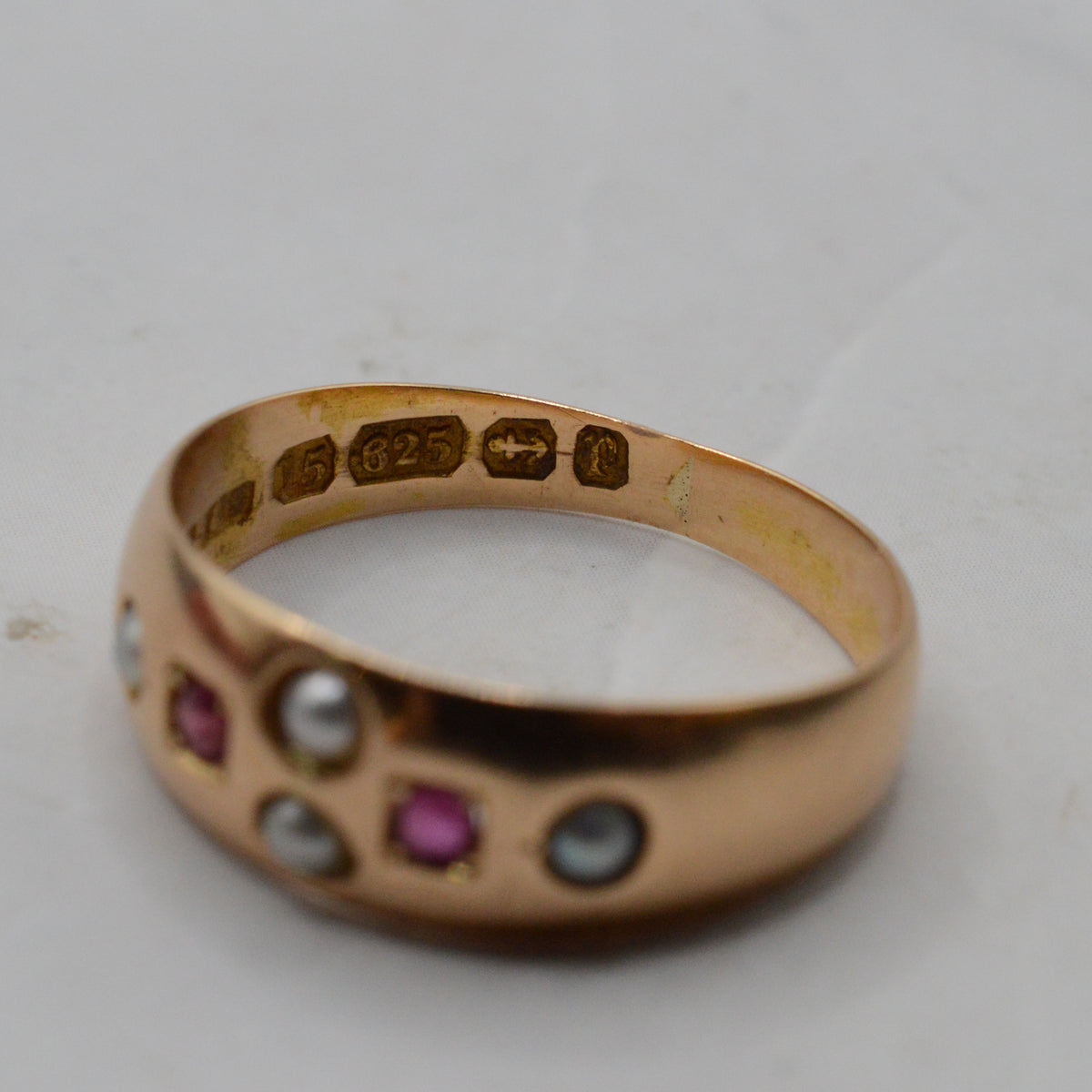 Antique Victorian 1889 15ct Gold Ruby & Pearl Ring