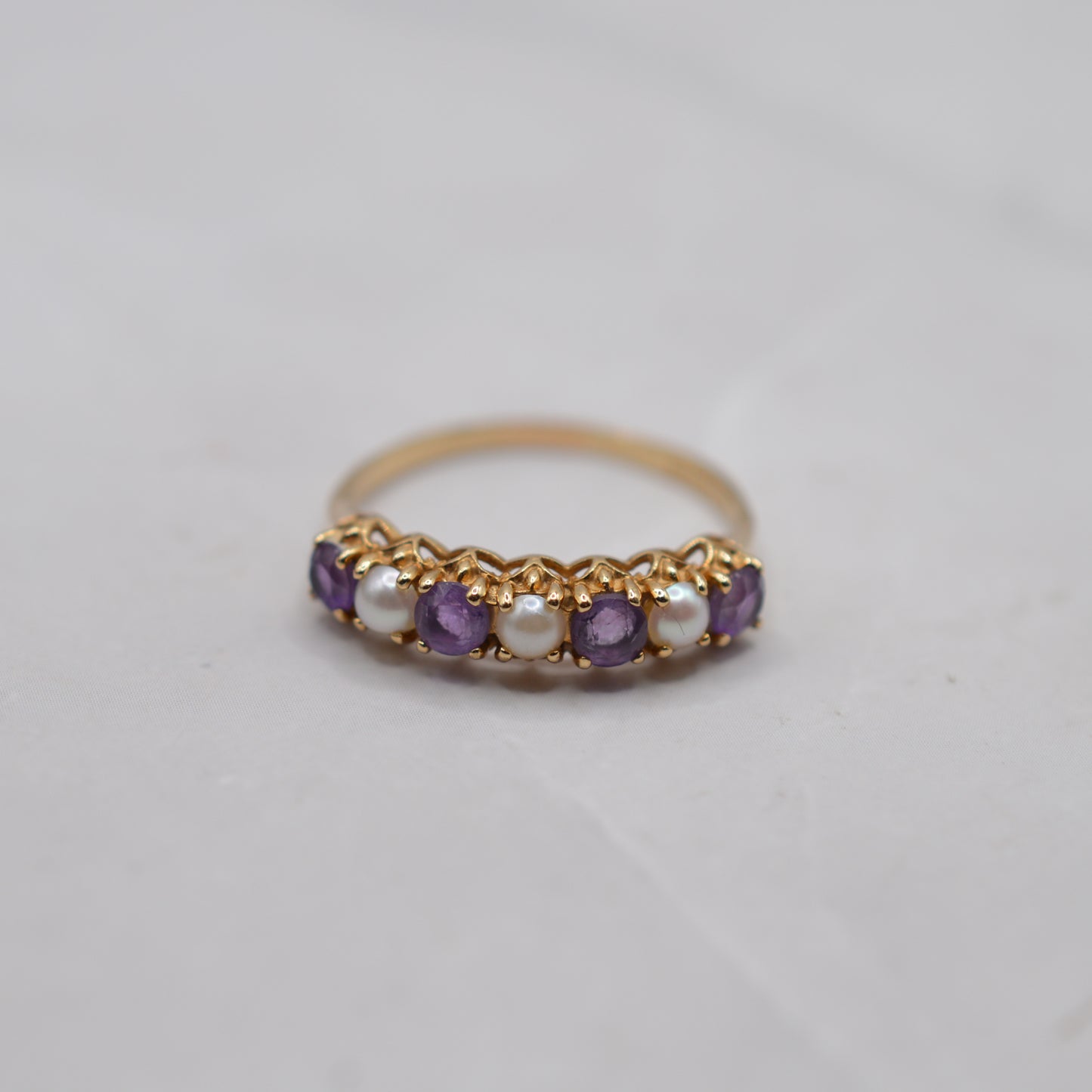 1990s 9ct Gold Amethyst & Pearl Half-Eternity Ring