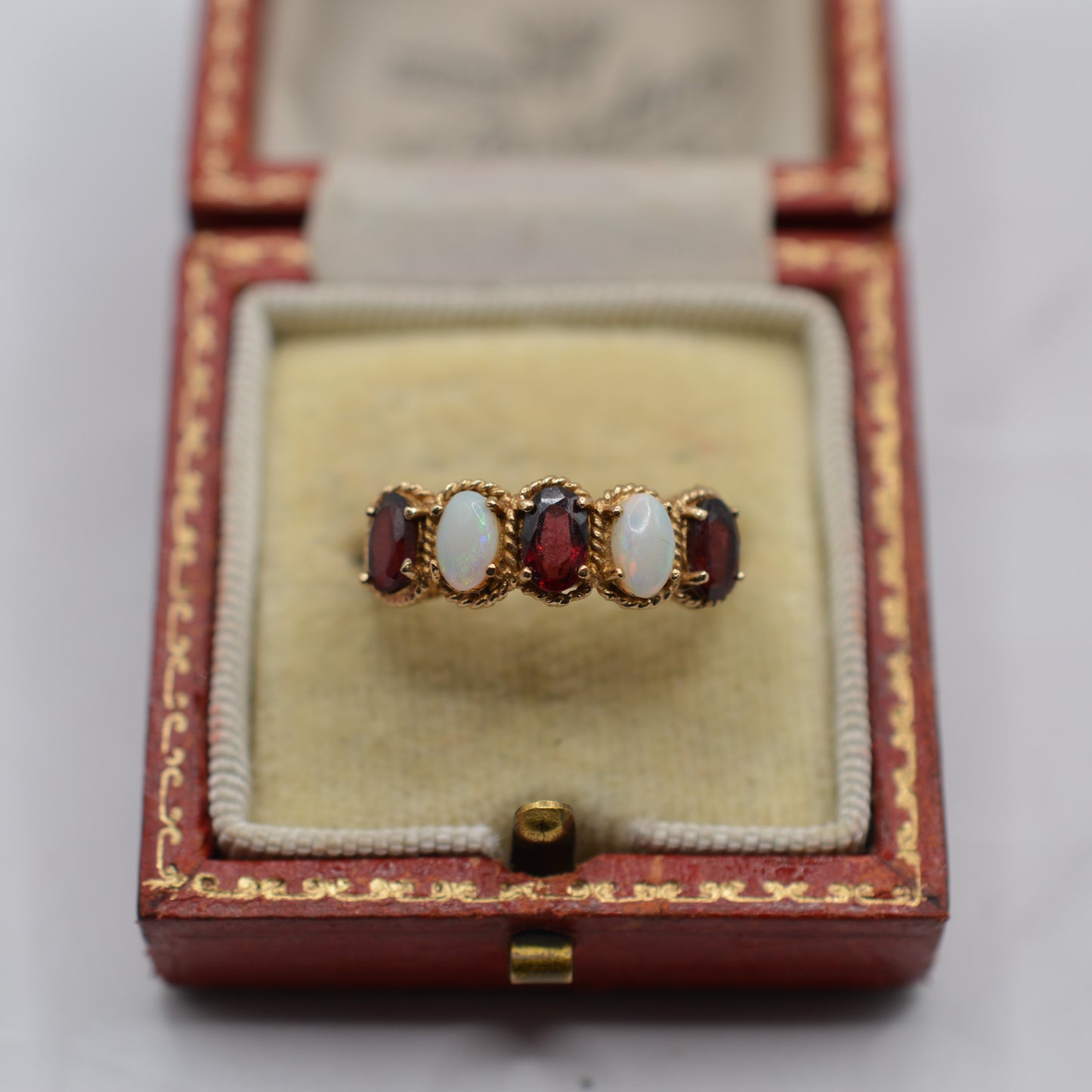 1970s Vintage 9ct Gold Opal & Garnet Five-Stone Ring