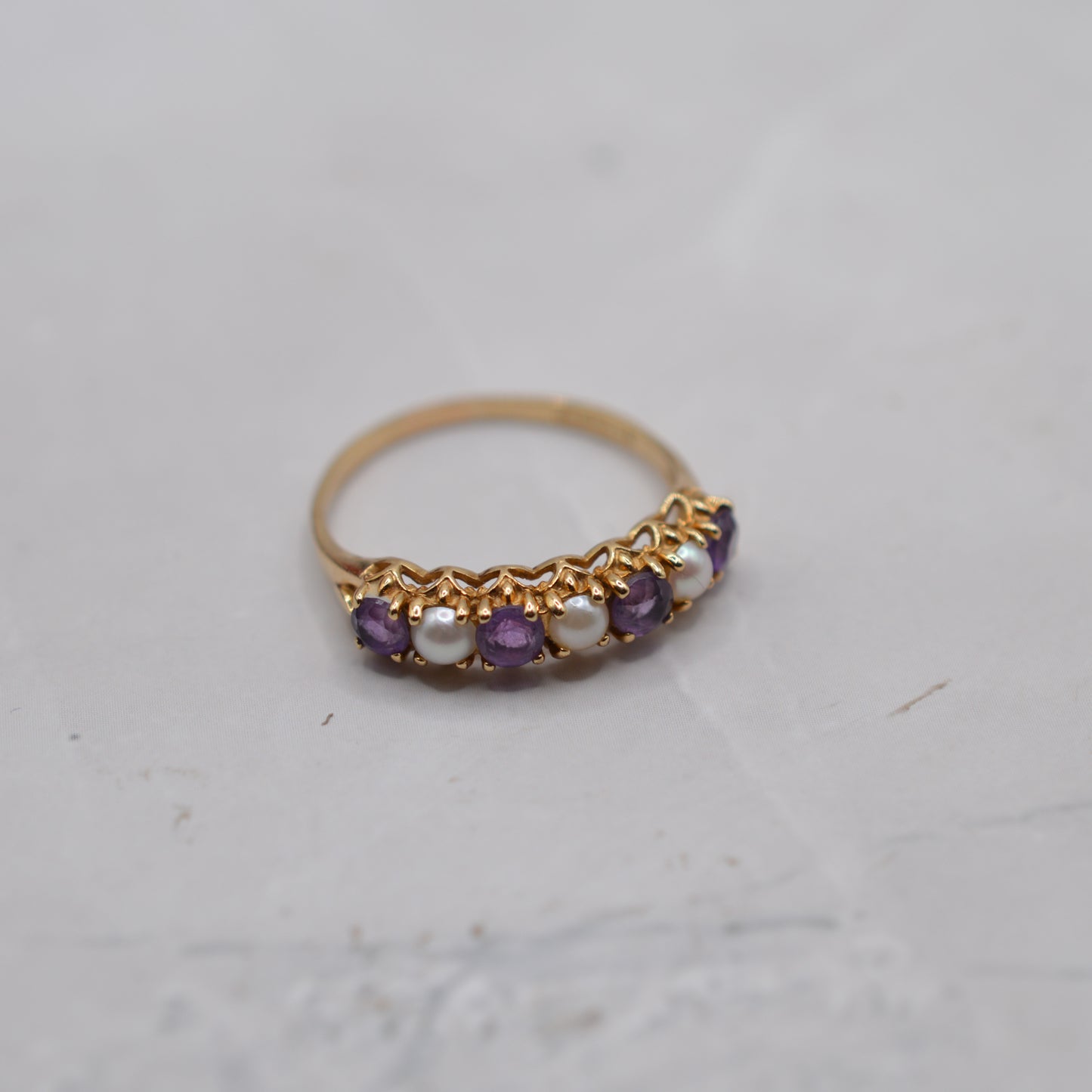 1990s 9ct Gold Amethyst & Pearl Half-Eternity Ring
