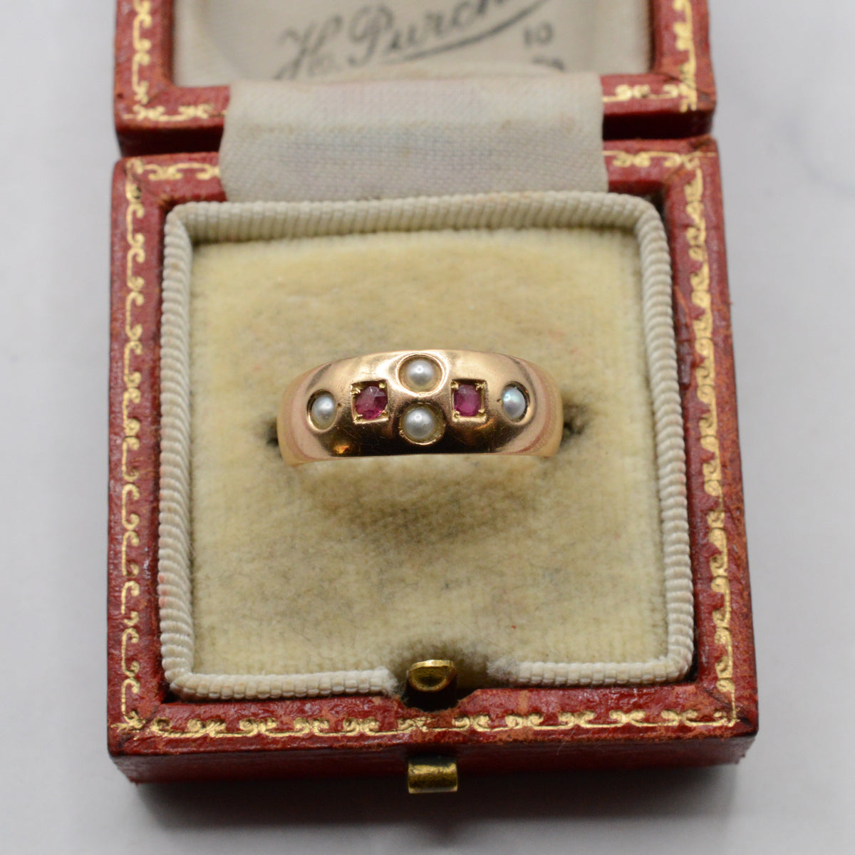 Antique Victorian 1889 15ct Gold Ruby & Pearl Ring