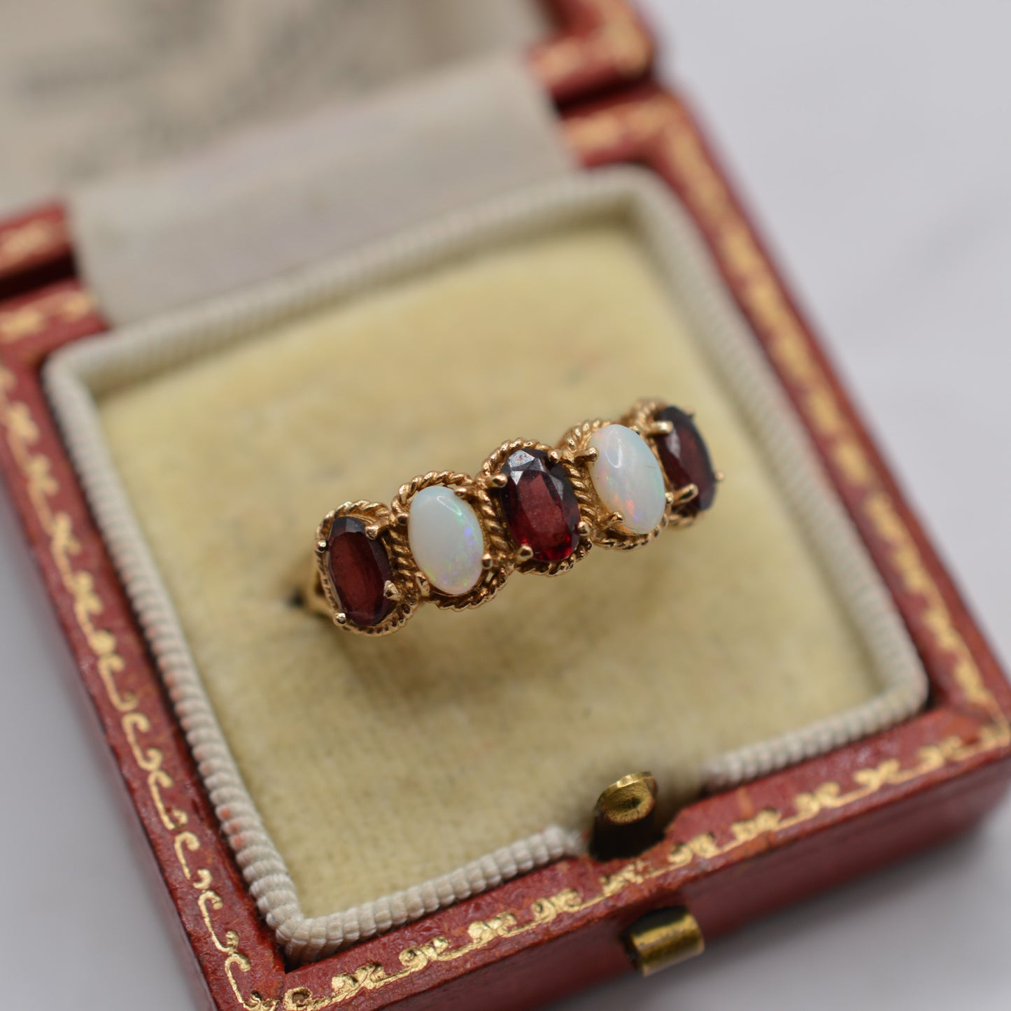 1970s Vintage 9ct Gold Opal & Garnet Five-Stone Ring