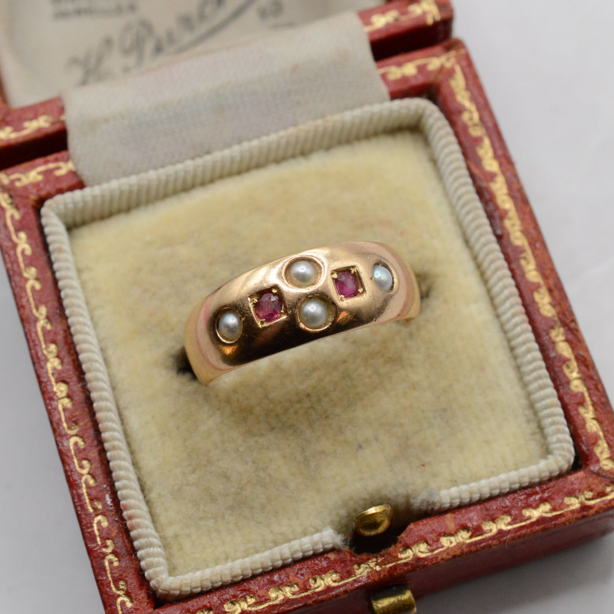 Antique Victorian 1889 15ct Gold Ruby & Pearl Ring