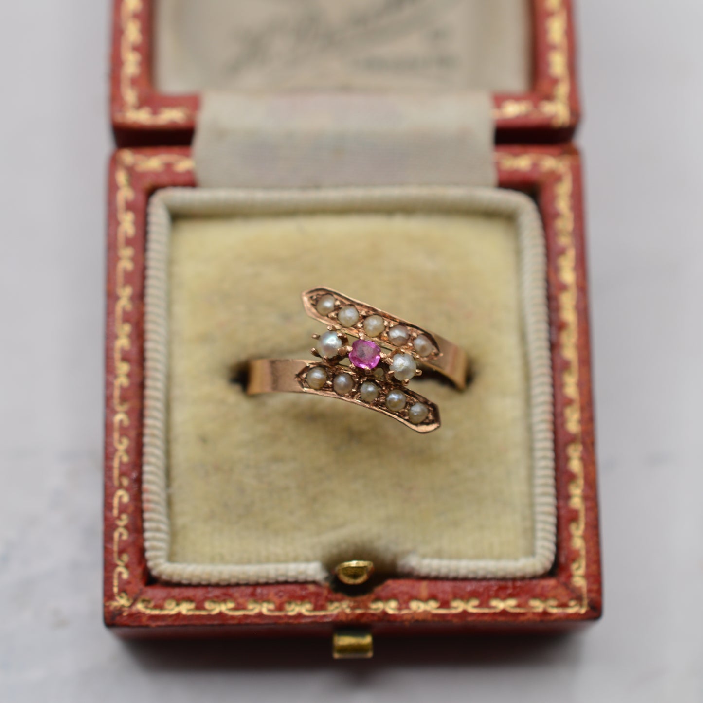 Antique Victorian 15ct Gold Ruby & Pearl Crossover Ring