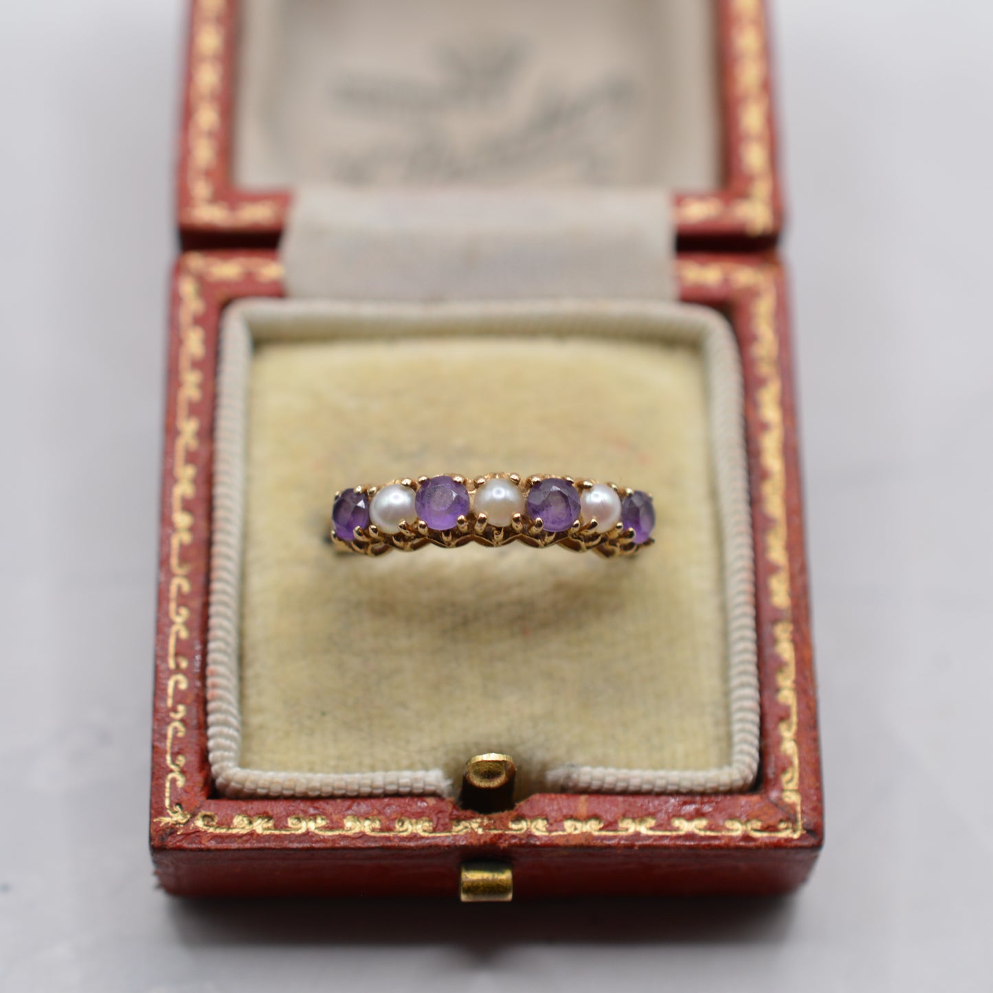 1990s 9ct Gold Amethyst & Pearl Half-Eternity Ring