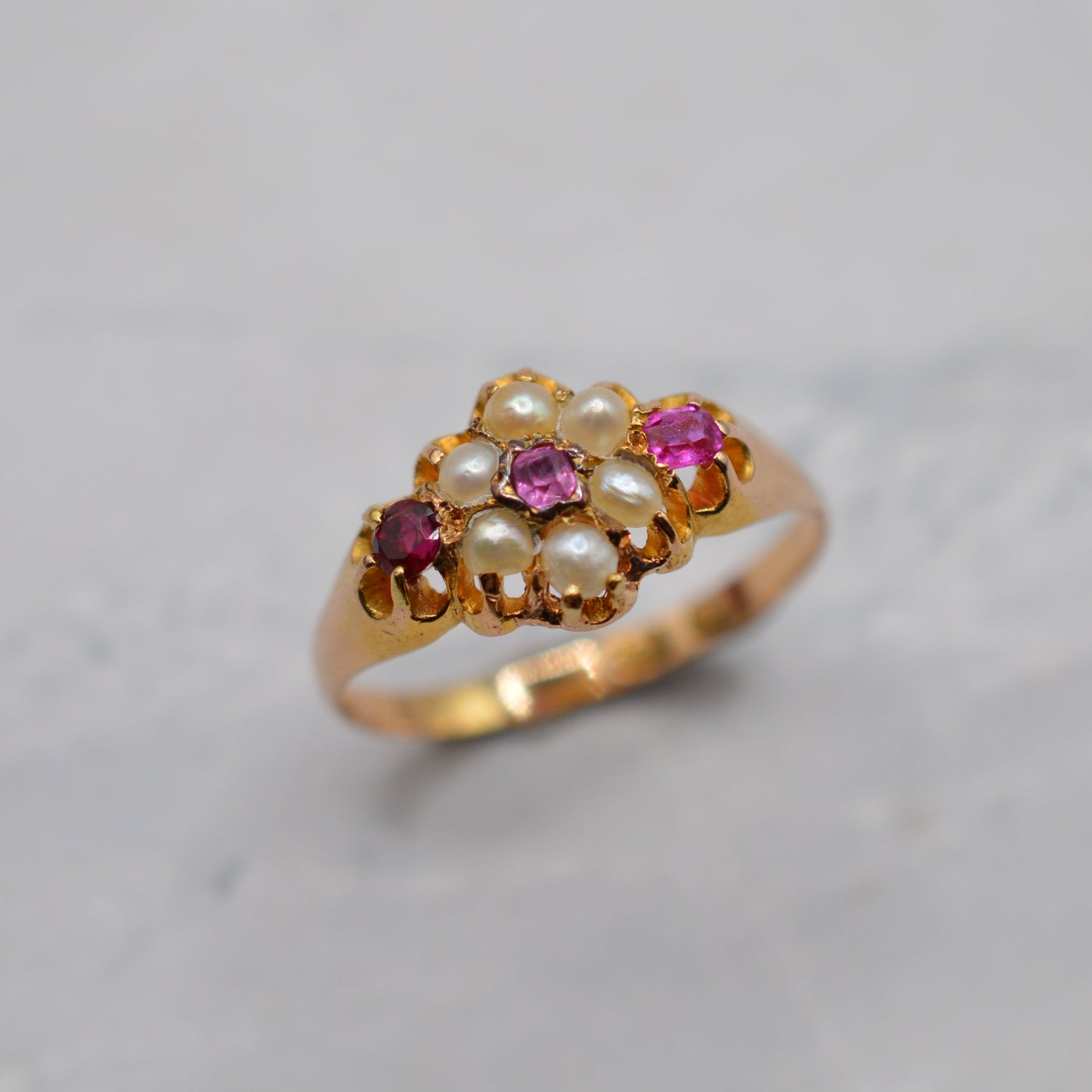 Antique Victorian 1870s 18ct Gold Ruby & Pearl Floral Cluster Ring