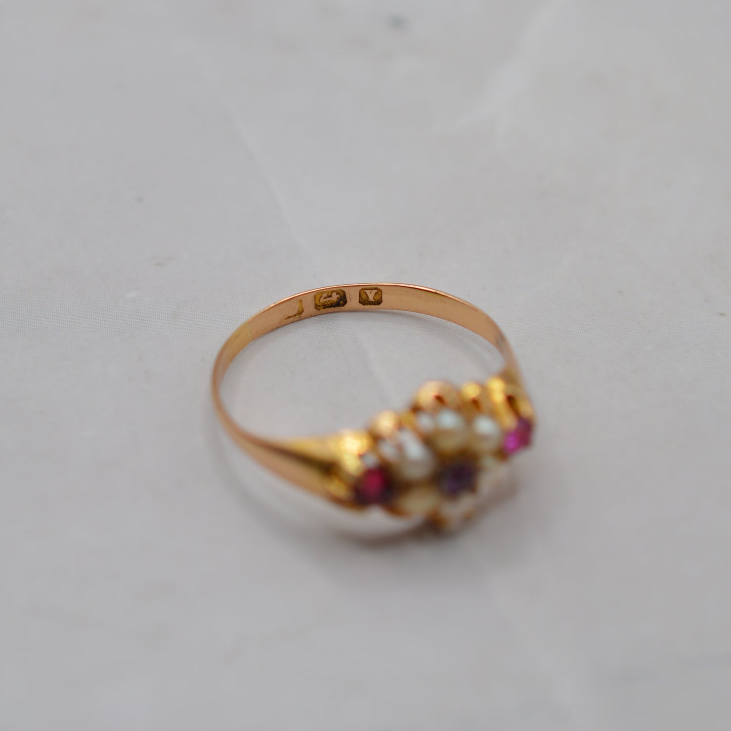 Antique Victorian 1870s 18ct Gold Ruby & Pearl Floral Cluster Ring