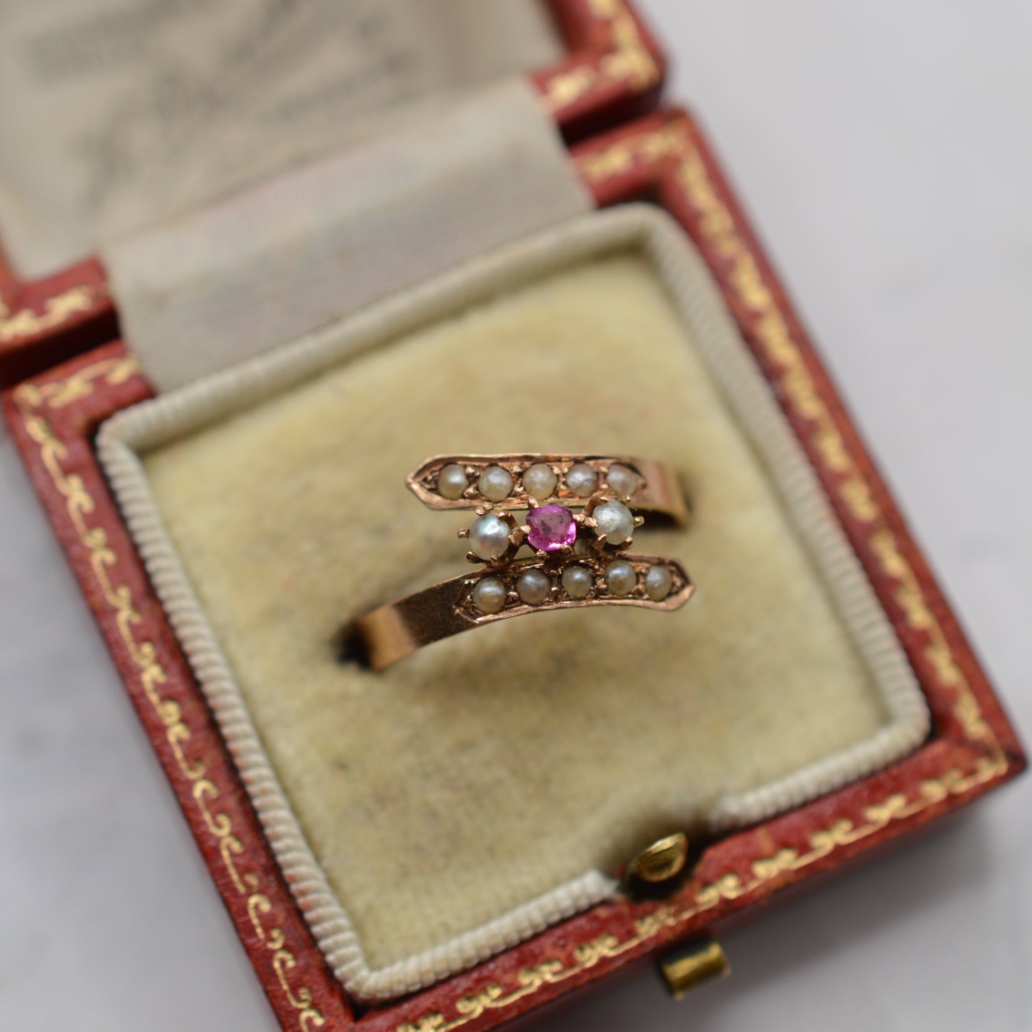 Antique Victorian 15ct Gold Ruby & Pearl Crossover Ring