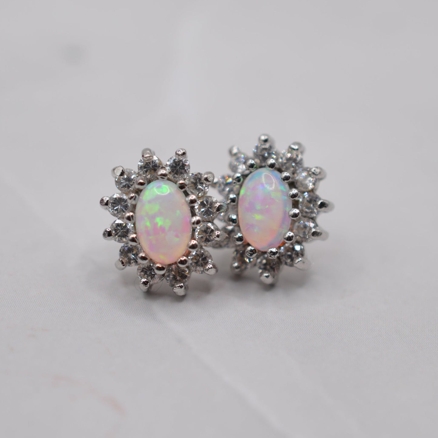 9ct Gold Opal & Cubic Zirconia Cluster Stud Earrings