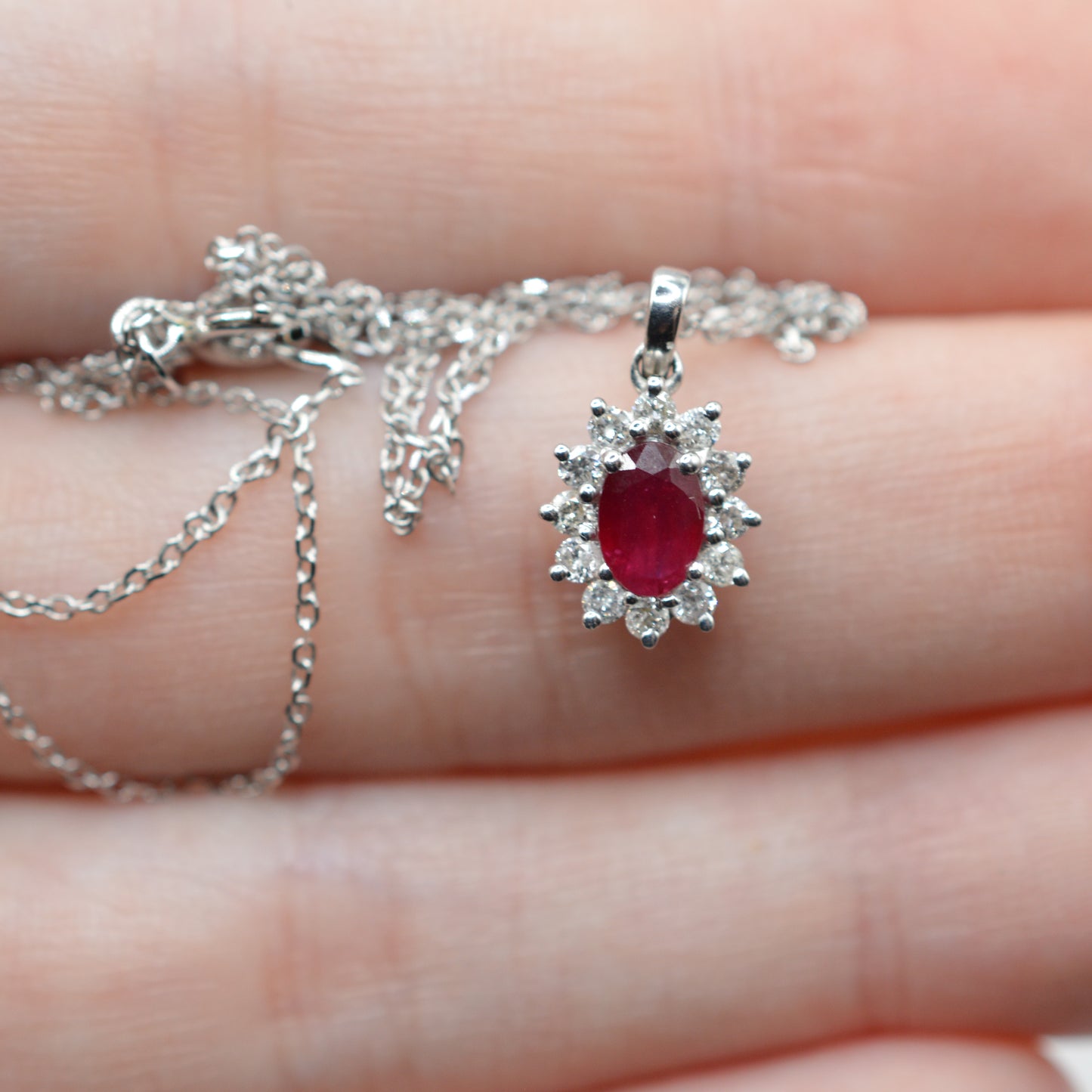 18ct White Gold Ruby & Diamond Cluster Pendant Necklace (16”)