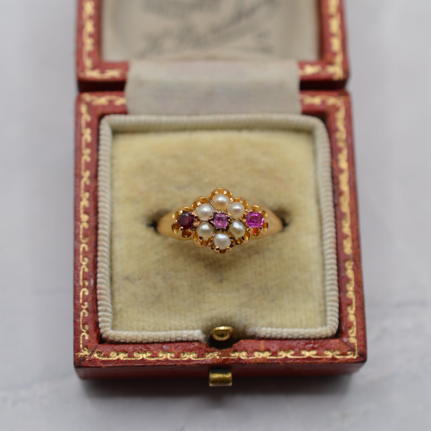 Antique Victorian 1870s 18ct Gold Ruby & Pearl Floral Cluster Ring