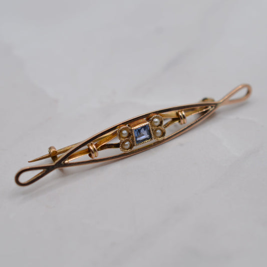 Antique Edwardian 9ct Gold Blue Topaz & Seed Pearl Brooch
