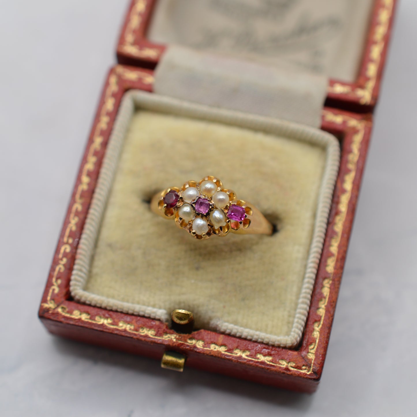 Antique Victorian 1870s 18ct Gold Ruby & Pearl Floral Cluster Ring