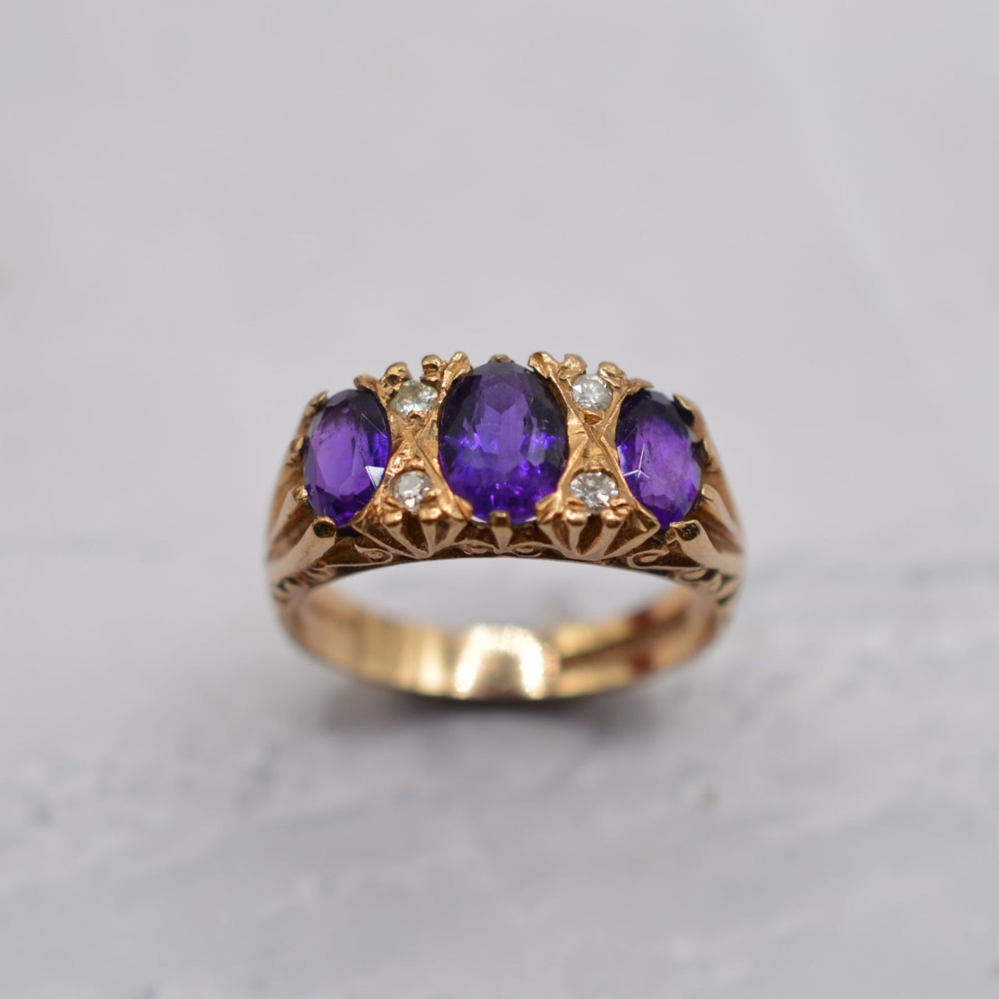 1970s Chunky Vintage 9ct Gold Amethyst & Diamond Gypsy Ring