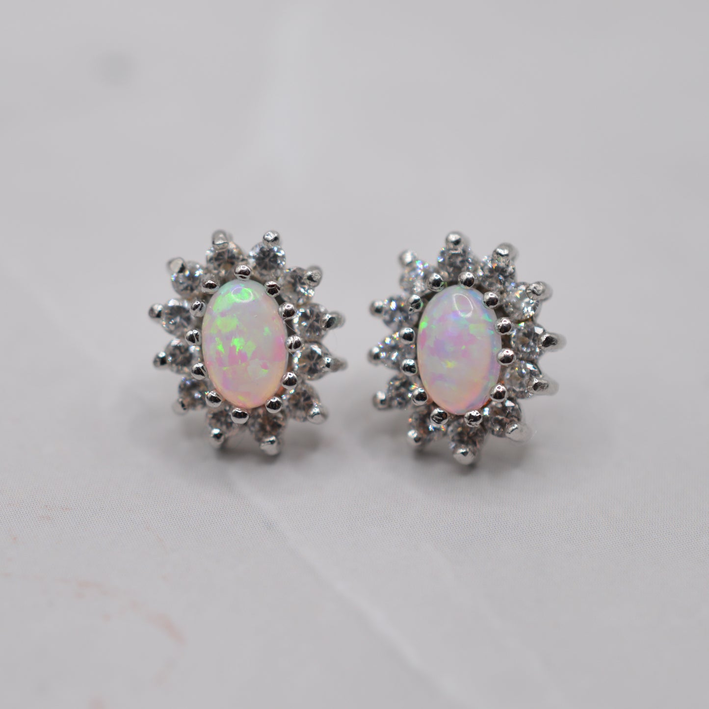 9ct Gold Opal & Cubic Zirconia Cluster Stud Earrings