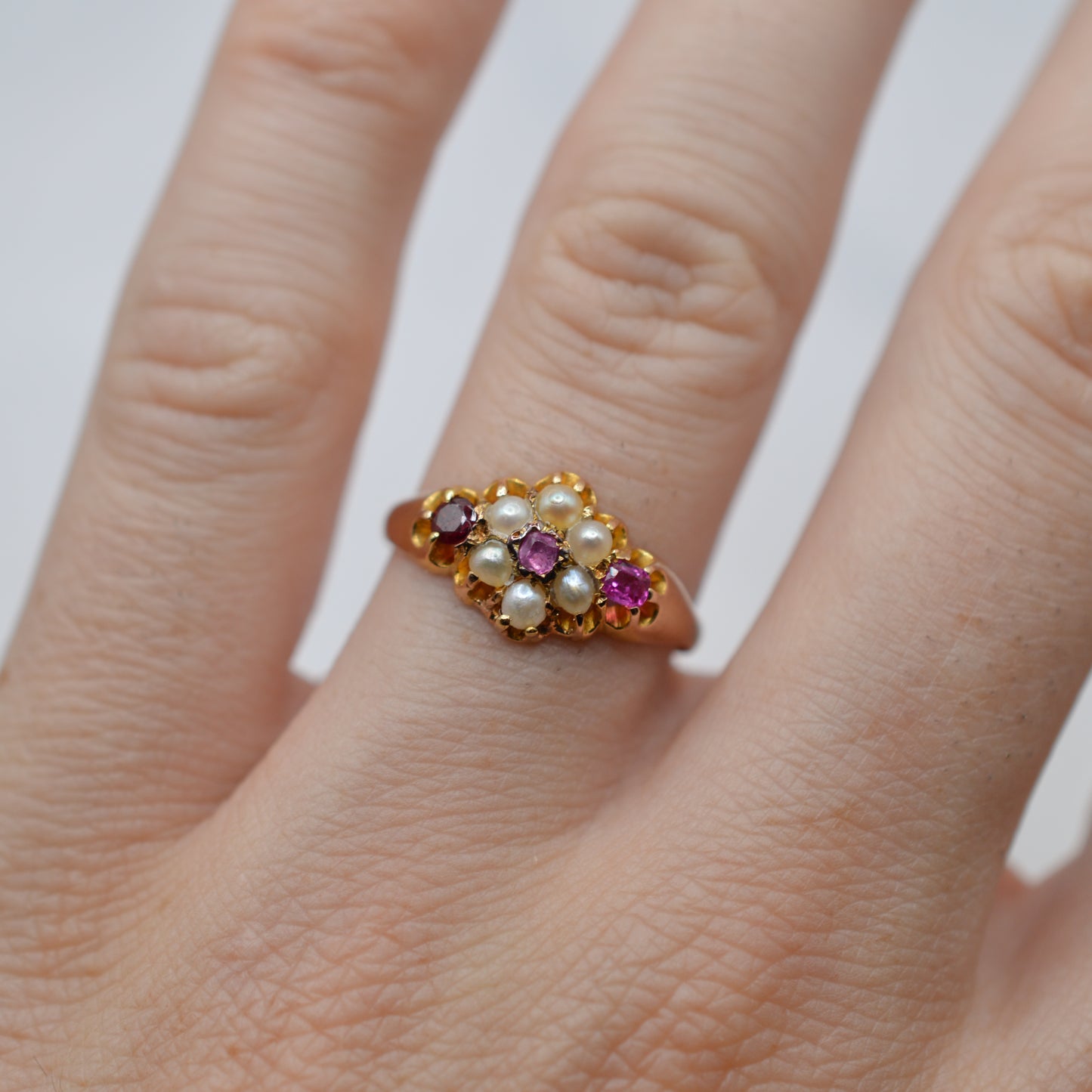 Antique Victorian 1870s 18ct Gold Ruby & Pearl Floral Cluster Ring